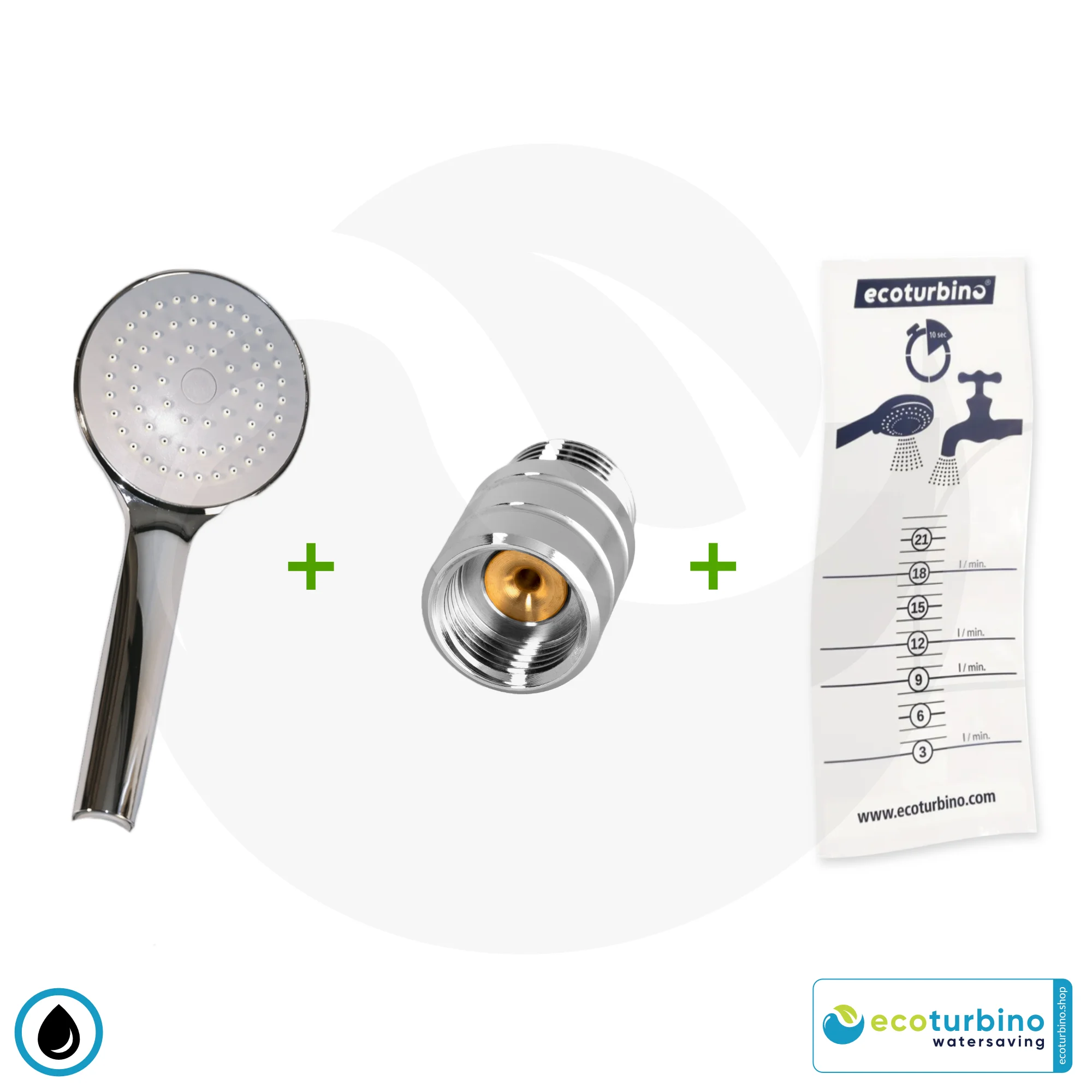 Shower Head UPGRADE SET 10 Legio | ET10L Water Saving Adapter + Handheld Showerhead | ecoturbino®