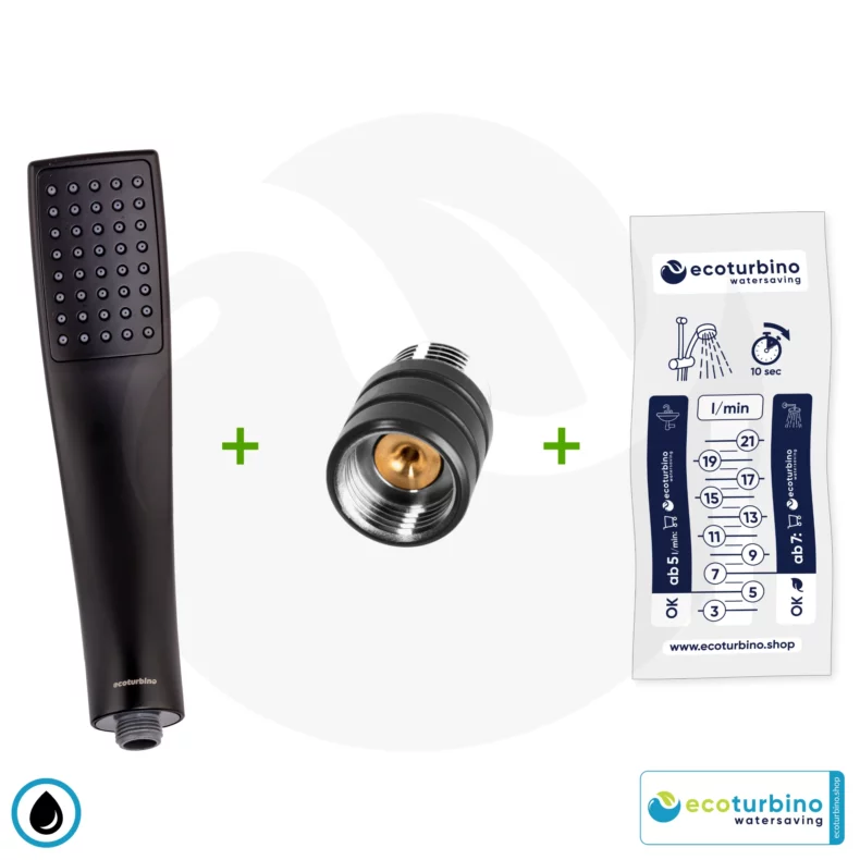 Shower Head DELUXE UPGRADE SET 10 Legio, black | ecoturbino® | ET10L Water Saving Adapter + Designer Handheld Showerhead - Hand Shower