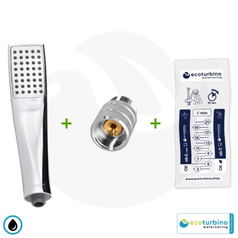 Shower Head DELUXE UPGRADE SET 10 Legio, silver | ecoturbino® | ET10L Water Saving Adapter + Designer Handheld Showerhead - Hand Shower